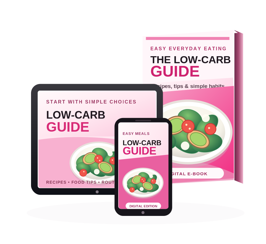 Low-Carb Guide e-book, tablet and mobile mockups, all in English